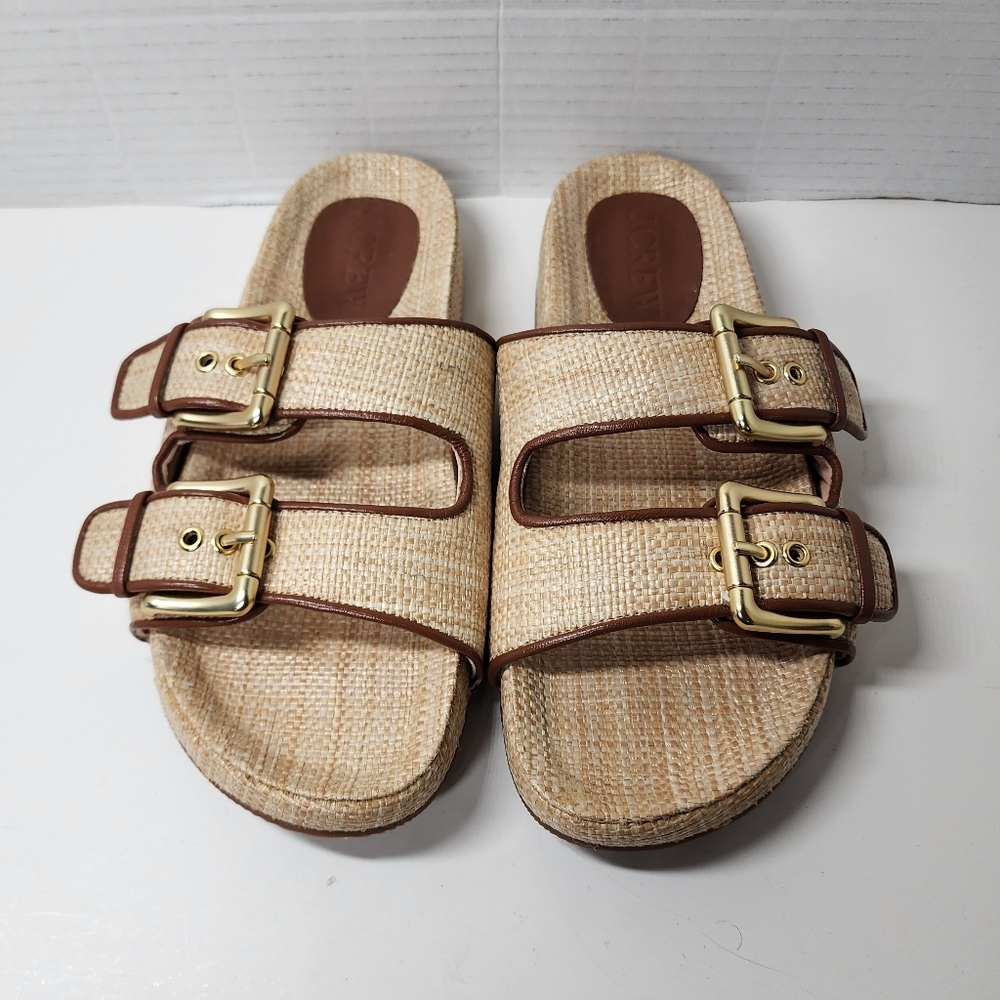 J. Crew Beige Raffia Double-Buckle Slide Sandals with Gold Buckles